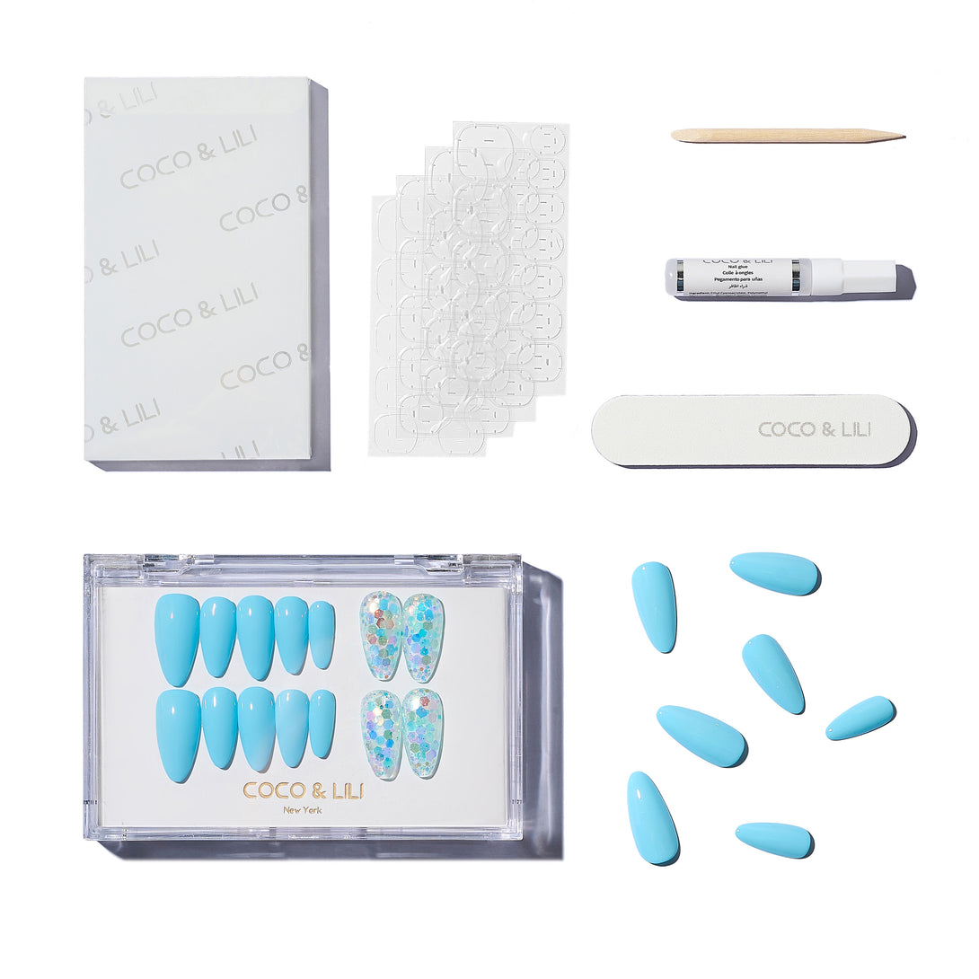Blue Glitter Acrylic Almond Nail Set Designs 